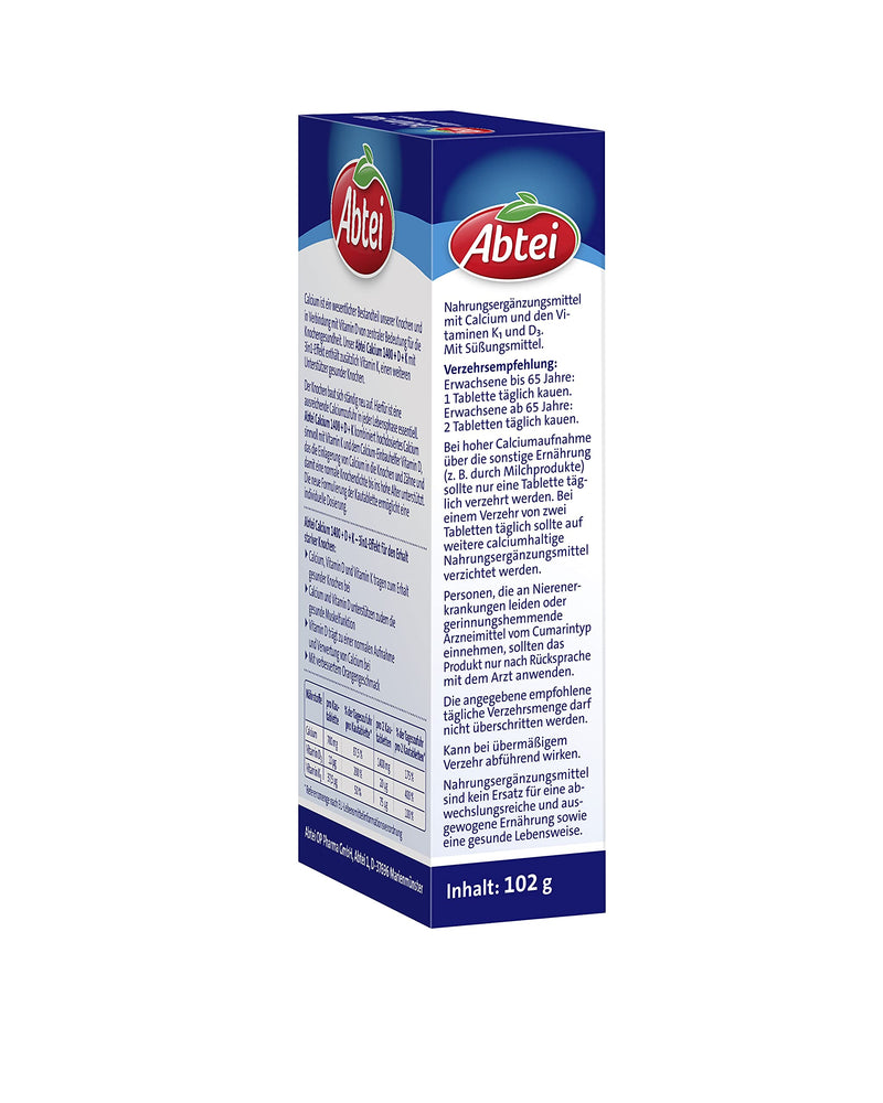 Abtei Calcium 1400 + D + K - High Dose - With Vitamin D And Vitamin K - For Maintaining Healthy Bones And Muscle Function - Orange Flavor, 30 Chewable Tablets - NewNest Australia