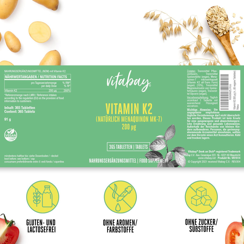 Vitabay Vitamin K2 high dose 200 µg (mcg) - VEGAN 365 Vitamin K2 tablets MK7 MK-7 - Vitamin K2 MK7 200 µg - Vit K2 Vitamin K 2 Vitamin K2 200 µg All-Trans Form K2 Vitamin Vitamin-K2 Mk7 Vitamin K2 365 pieces (pack of 1 ) - NewNest Australia