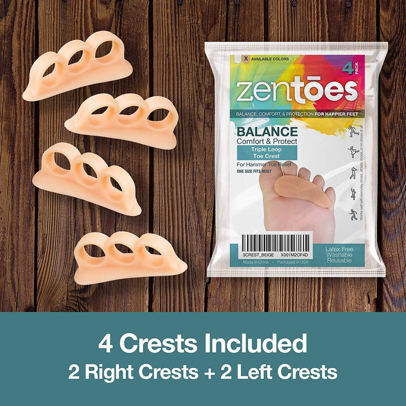ZenToes Hammer Toe Straightener and Corrector 4 Pack Soft Gel Crests Splints | Reduce Foot Pain, Prevent Overlap | Flexible Footcare Treatment | Stain, Odor Resistant (Beige) Beige - NewNest Australia