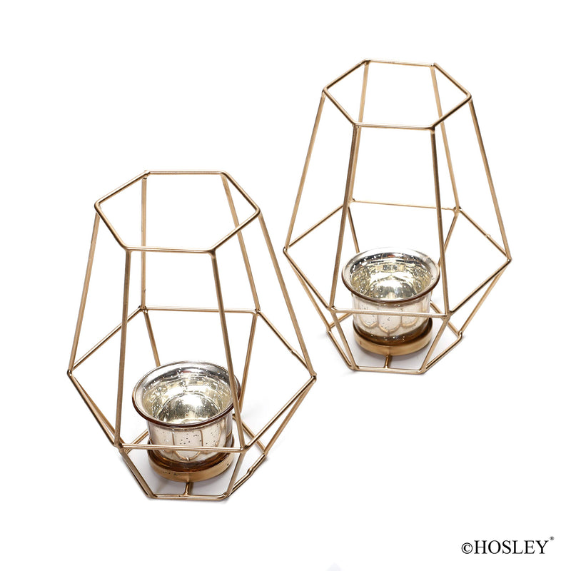 NewNest Australia - Hosley 7 Inch High Lantern with Metallic Gold Glass Set of 2. Ideal Gift for Weddings Parties Special Events Spa Aromatherapy Votive Tealight Pillar Candle Gardens. O5 