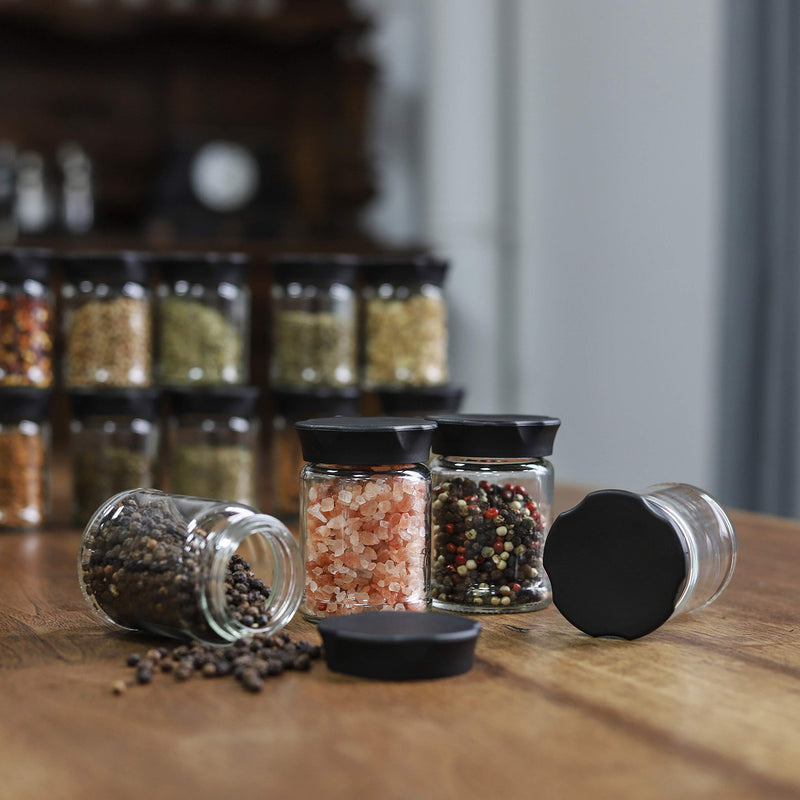 NewNest Australia - Mini Glass Jars with Black Lids 4 pcs Food Storage Jar Kitchen Canister Small Coffee Tea Spice Storage Jar Set(4 Ounce) (for Vkchef/VEVOK CHEF Manual Coffee Grinder Use) 