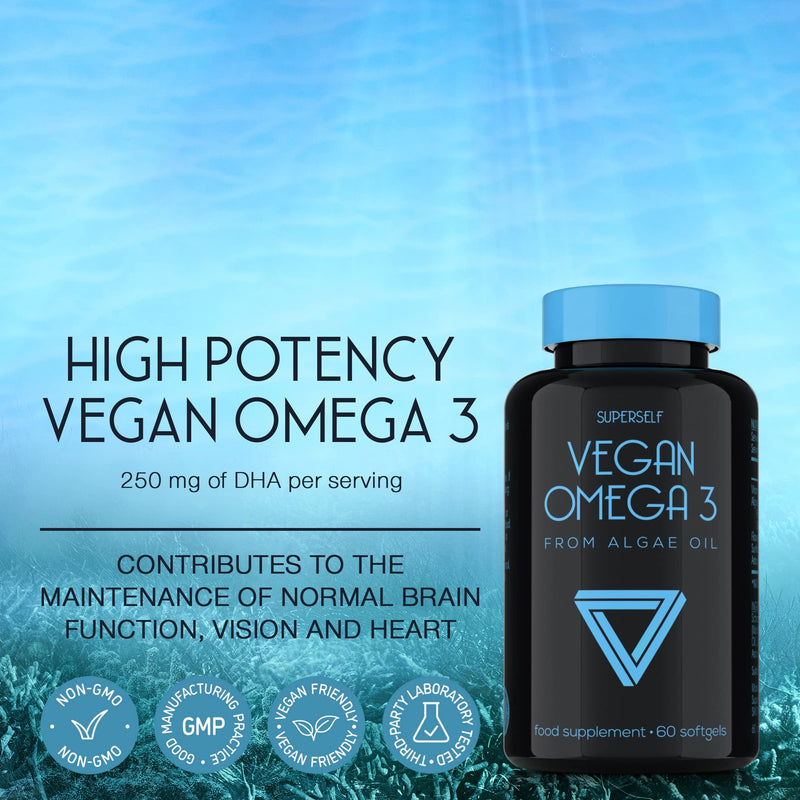 Vegan Omega 3 Capsules - Algae Oil 500mg - High Strength DHA 250mg with Astaxanthin, Flaxseed Oil & Vitamin E - 60 Easy to Swallow Softgel Tablets - Sustainable Vegetarian Supplement - NewNest Australia