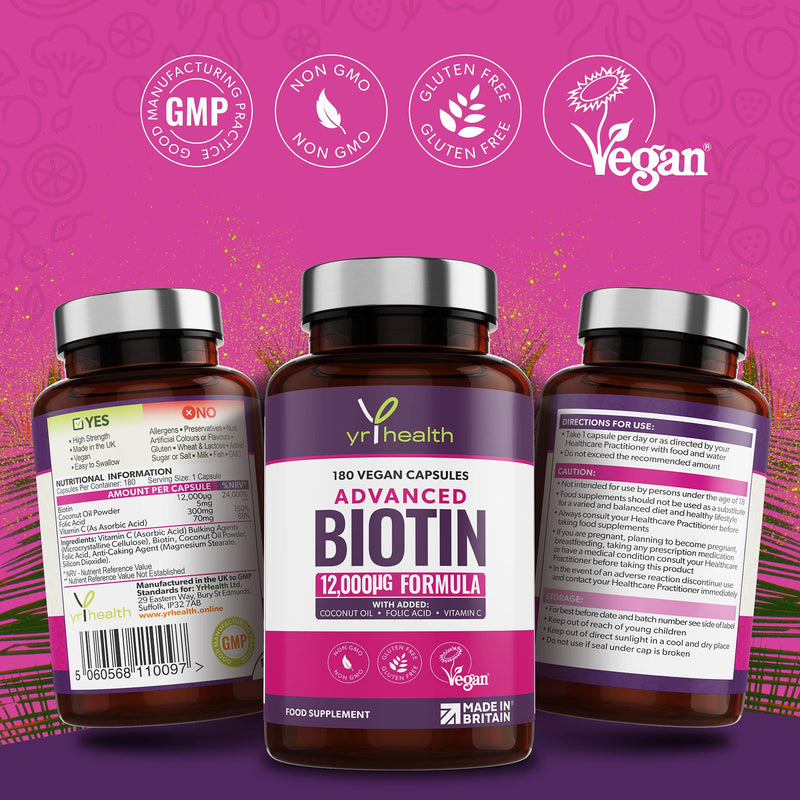 Biotin Hair Growth Supplement 12,000mcg with Coconut Oil, Vitamin C & Folic Acid - 180 Vegan Capsules Hair Vitamin b7 Biotin Nails Hair and Skin for Men and Women - Made in UK by YrHealth - NewNest Australia