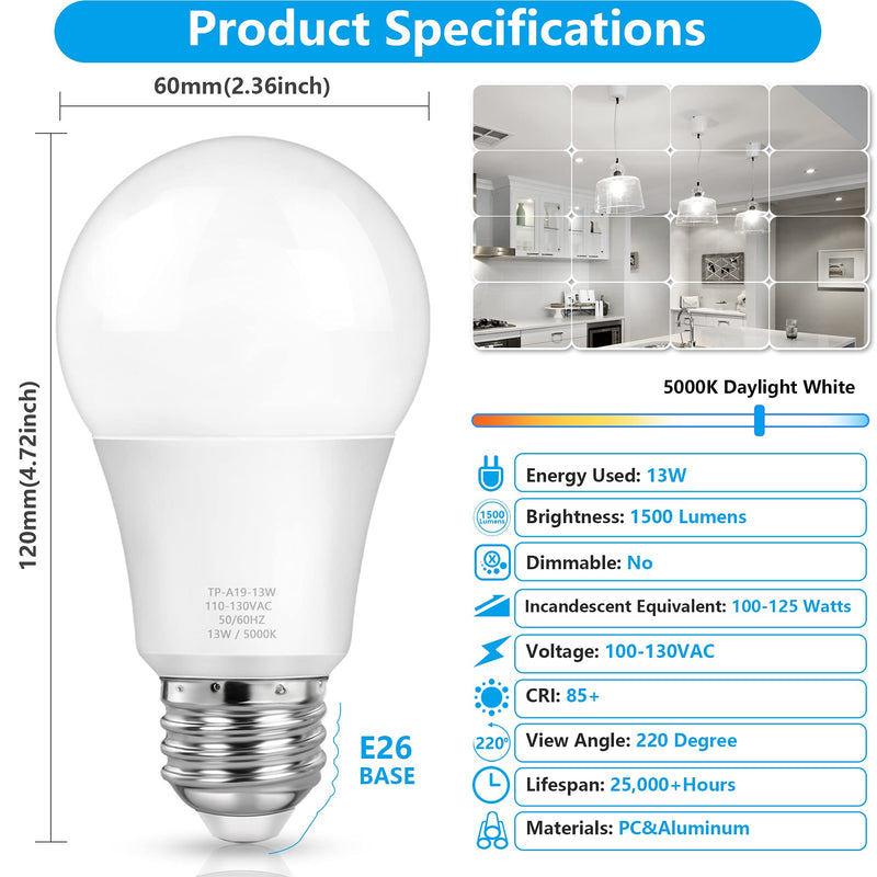 A19 LED Light Bulbs, 100 Watt Equivalent LED Bulbs, Daylight 5000K, 1500 Lumens, E26 Standard Base, Non-Dimmable, 13W Bright White LED Bulbs for Bedroom Living Room Home Office, 4-Pack - NewNest Australia