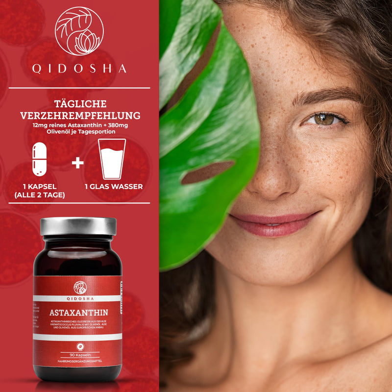 QIDOSHA® Astaxanthin 12mg from EU raw materials, 12mg astaxanthin per capsule plus olive oil, 90 capsules in a glass, vegan astaxanthin, high-dose liquid astaxanthin from Portuguese algae farming - NewNest Australia