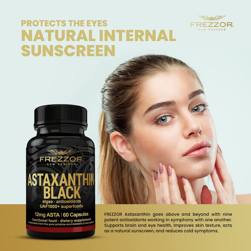 FREZZOR New Zealand Astaxanthin Black with UAF1000+, Anti-Aging, Skin, Eye, Nerve, Muscle Recovery, Cardiovascular and Immune Support Antioxidant Supplement, 12mg Astaxanthin, 30 Servings, 1 Bottle - NewNest Australia