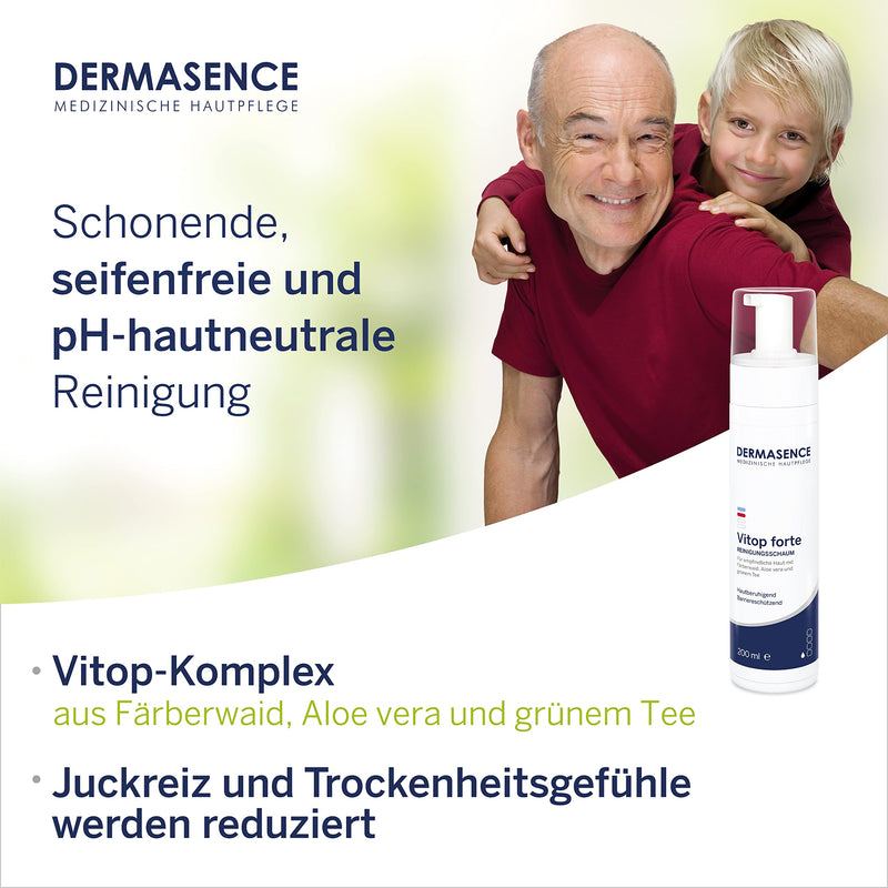 DERMASENCE Vitop forte cleansing foam, 200 ml - mild, soap-free and pH-neutral cleansing for sensitive facial skin with neurodermatitis - with woad, green tea and aloe vera unscented 200 ml (pack of 1) - NewNest Australia