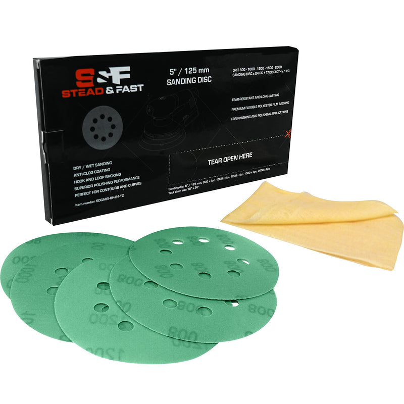 S&F STEAD & FAST 5 Inch Sanding Discs Hook and Loop, Sand Paper 800 1000 1200 1500 2000 Grit, Orbital Sander Sandpaper, Wet Dry Sandpaper High Grit Assortment and Tack Cloth, 25pc, Auto, Wood, Metal 25 - NewNest Australia