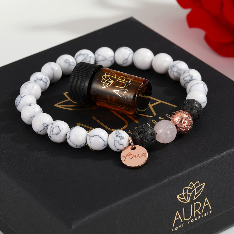 Howlite Bracelet with Rose Quartz, Crystals and Healing Gemstone Jewelry for Anxiety Stress Relief Gifts, Lava Beads - Lava Rock Bracelets for Women Men - White Natural Stone Bracelet Oil Diffuser - NewNest Australia