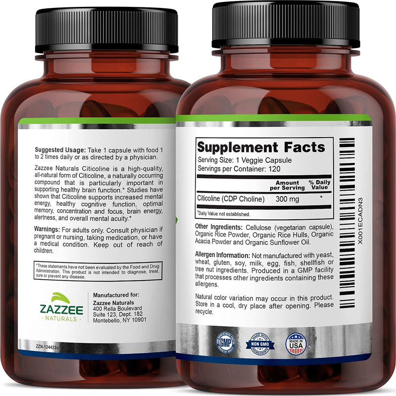 Zazzee Citicoline CDP Choline 300 mg, 120 Vegan Capsules, Vegan, Non-GMO and All-Natural, Premium Grade, Contains Organic Stabilizers - NewNest Australia