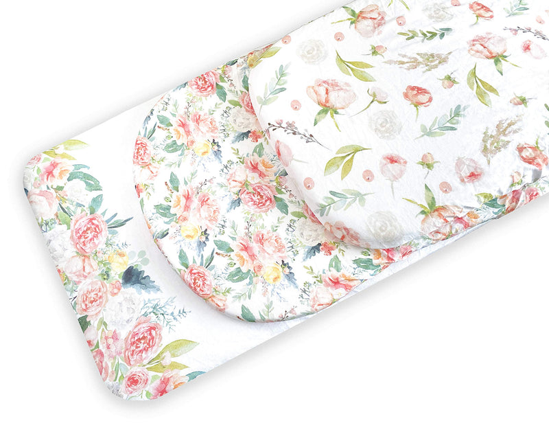 NewNest Australia - NODNAL CO. Pink Floral Bassinet Fitted Sheet Set 3 Pack 100% Jersey Cotton for Baby Girl - Peony and Eucalyptus Flowers 160 GSM Sheets 