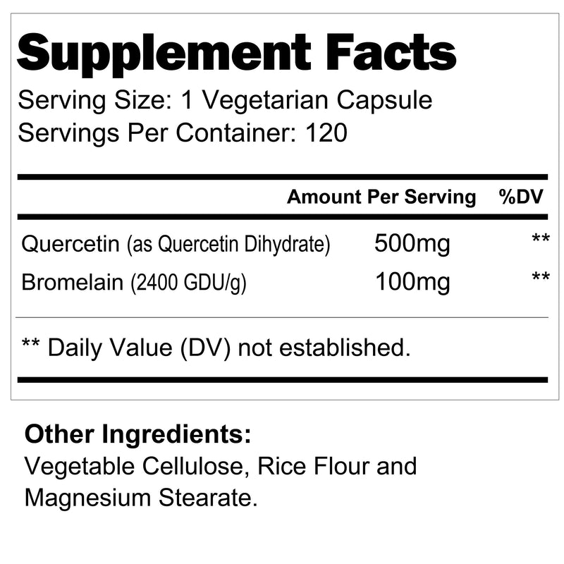 Quercetin 500mg with Bromelain 100mg 120 Vegetarian Capsules | Natural Anti Inflammatory Antioxidant Supplement | Allergy Relief Complex | Heart Health | Dihydrate Pure Powder Extract Cap 500 mg Plus 120 Count (Pack of 1) - NewNest Australia