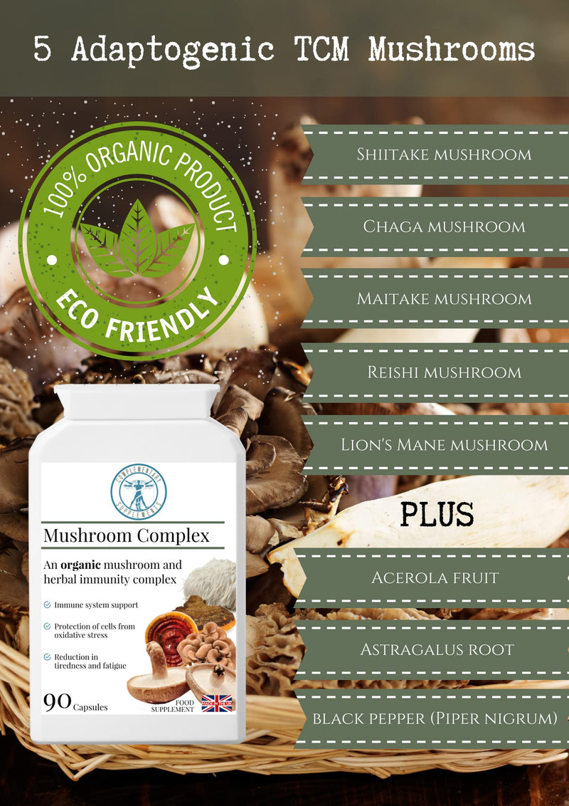 Complementary Supplements | 100% Organic Mushroom Complex | Immune System & Energy Support | Traditional Herbal TCM Adaptogen Blend | Maitake | Chaga | Shiitake | Reishi | Lion's Mane | 90 Capsules - NewNest Australia