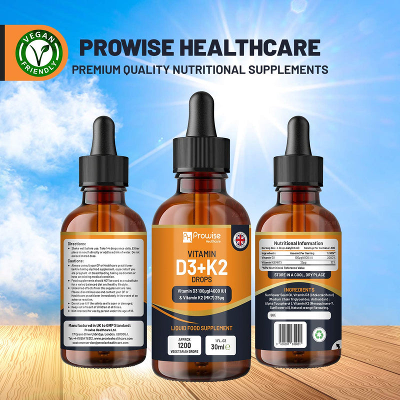 Vitamin D3 4000iu + K2 MK7 25µg I Orange Liquid Drops I High Strength 4000iu D3 + 25µg K2- 30ml Bottle I Fast Absorption I 1200 Vegetarian Drops - Made in UK by Prowise Healthcare - NewNest Australia
