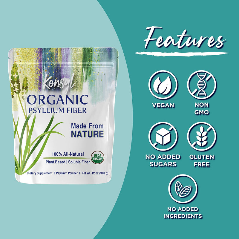 Konsyl Organic Psyllium Fiber - USDA Certified Psyllium Husk Daily Fiber Supplement Powder - All Natural Soluble Fiber, Gluten-Free & Sugar-Free - Perfect for Keto & Baking - 1 Pack - 340g Gusset Bag - NewNest Australia
