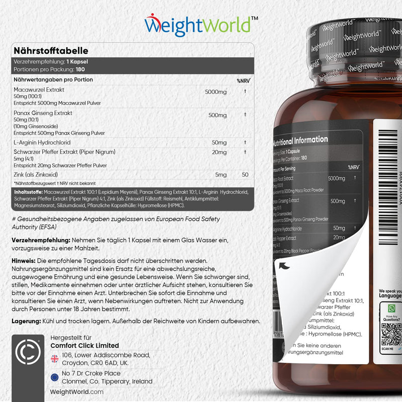 Maca Black 5000 mg - 180 Vegan Maca Capsules - Black Maca Complex with Panax Ginseng, L-Arginine, Black Pepper & Zinc - 6 Months Supply - Maca Root Extract 100:1 - Peruvian Ginseng - NewNest Australia
