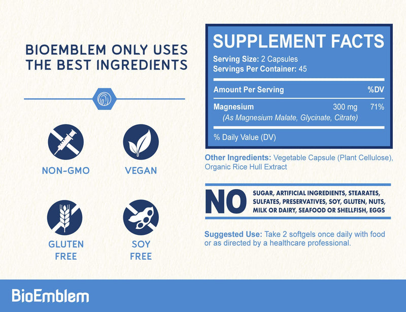 BioEmblem Triple Magnesium Complex | 300mg of Magnesium Glycinate, Malate, & Citrate for Muscle Relaxation, Sleep, Calm, & Energy | High Absorption | Vegan, Non-GMO | 90 Capsules - NewNest Australia