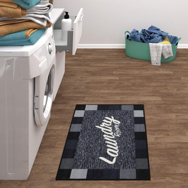 Ottomanson Laundry Collection Checkered Border Rubberback Mat, 2'3" x 3', Black 2'3" x 3' Black Checkered - NewNest Australia