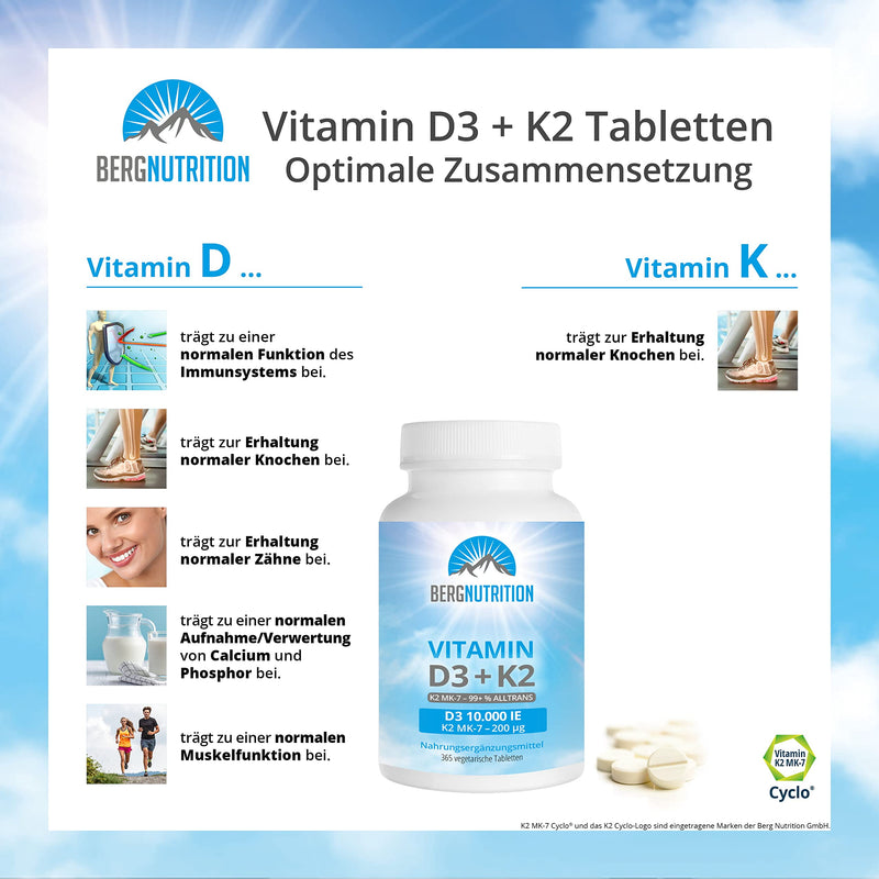 Berg Nutrition Vitamin D3 10,000 IU + 200 µg K2 99+% ALL-Trans, 365 vegetarian tablets, high dosage and divisible, premium vitamin D tablets, vitamin D 3 and vitamin K 2 - NewNest Australia