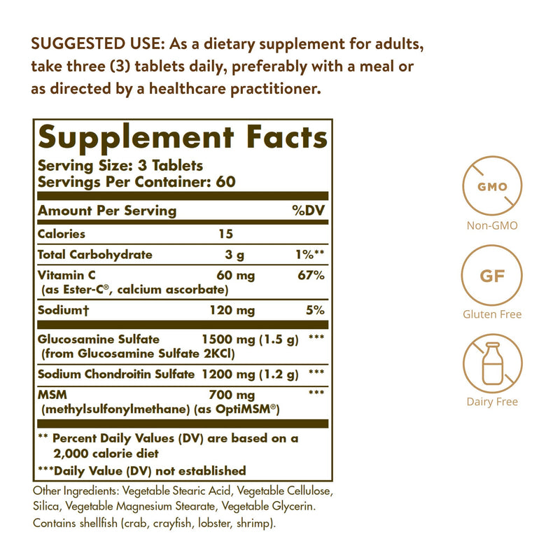 Solgar Extra Strength Glucosamine Chondroitin MSM w/ Ester-C, 180 Tablets - Promotes Healthy Joints, Supports Comfortable Movement & Collagen Formation - Non-GMO, Gluten Free, Dairy Free - 60 Servings - NewNest Australia