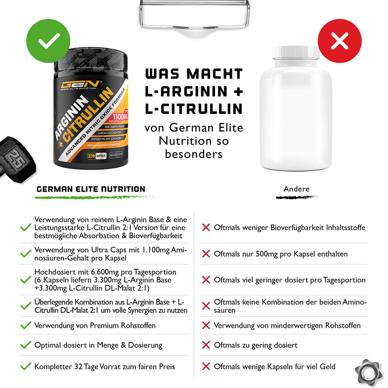 L-Arginine + L-Citrulline ‚ 320 Capsules ‚ 1100 Mg Per Capsule ‚ Citrulline 2:1 + Arginine Base 1:1 Ratio ‚ Premium Amino Acids ‚ Laboratory Tested Quality ‚ German Elite Nutrition - NewNest Australia