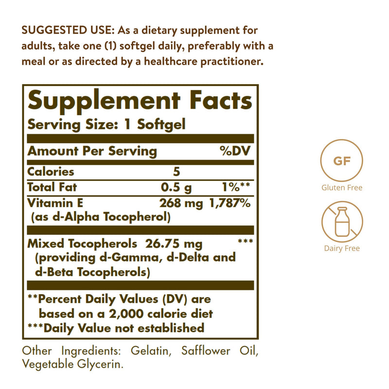 Solgar Vitamin E 268 MG (400 IU) Mixed (d-Alpha Tocopherol & Mixed Tocopherols), 100 Softgels - Supports Immune System & Skin Nutrition - Natural Antioxidant - Gluten Free, Dairy Free - 100 Servings - NewNest Australia