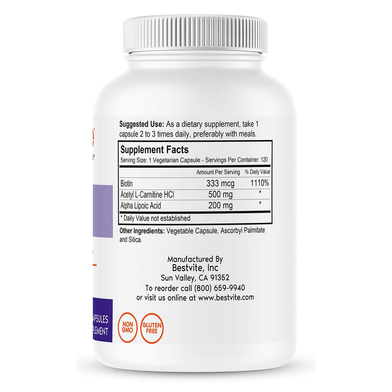 Acetyl L-Carnitine 500mg & Alpha Lipoic Acid 200mg per Capsule with Biotin (120 Vegetarian Capsules) - No Stearates - Vegan - Non GMO - Gluten Free 120 Count (Pack of 1) - NewNest Australia