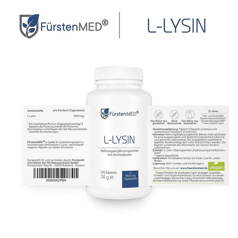 F√ºrstenmed L-Lysine Capsules - 1500 Mg L Lysine Amino Acid Lysine High Dose & Vegetable Fermented - 120 L Lysine Capsules High Dose - Vegan And No Additives - NewNest Australia