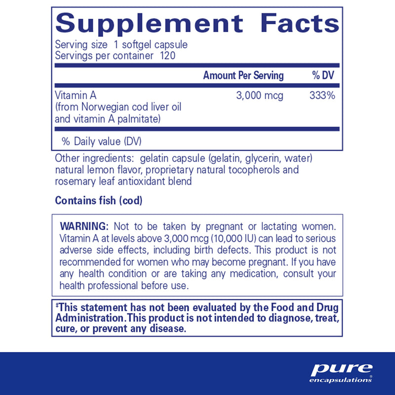 Pure Encapsulations Vitamin A 10,000 IU from Cod Liver Oil | Supports Immune and Cellular Health, Vision, Bones, Skin, and Reproductive Function* | 120 Softgel Capsules Standard Packaging - NewNest Australia