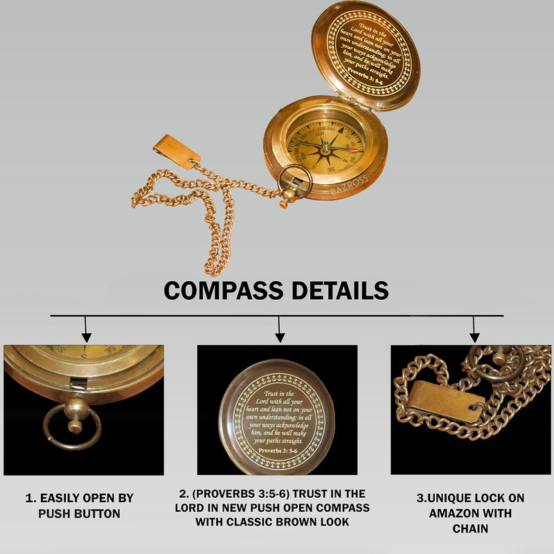 BAZROSS Engraved Antique Brass Sundial Compass with Leather Case for Camping, Hiking, and Graduation - (Trust in Lords) - NewNest Australia