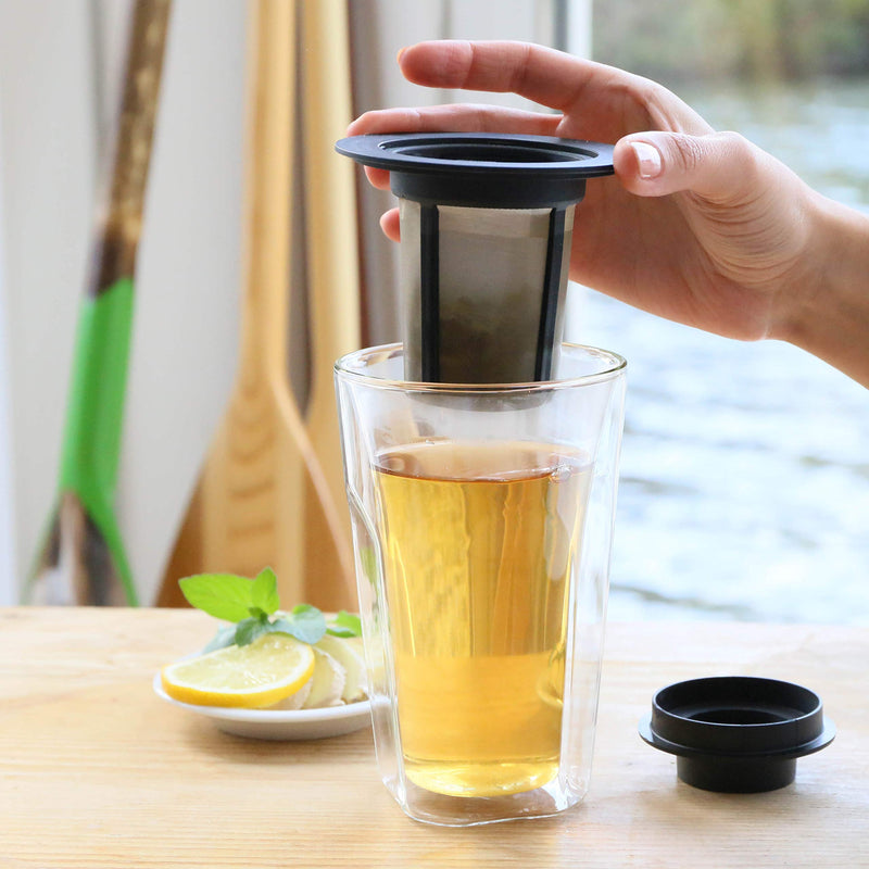 Finum Smart Brew System (320 ml) - Double-Wall Tea Glass with Strainer, Drip-Off Tray & Lid, Heat-Resistant Borosilicate Glass, Stainless-Steel Filters, Thermal Cup, BPA Loose Leaves - Black - NewNest Australia