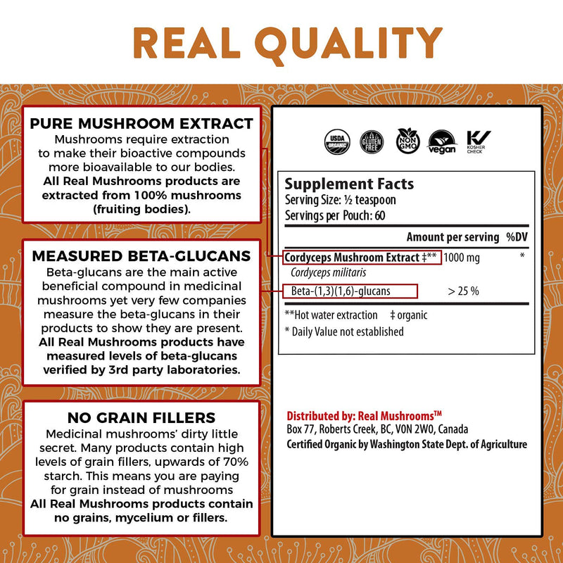 Real Mushrooms Cordyceps Peak Performance Supplement for Energy, Stamina & Endurance | Non-GMO, Vegan, Organic Cordyceps Powder| 60 Servings - NewNest Australia