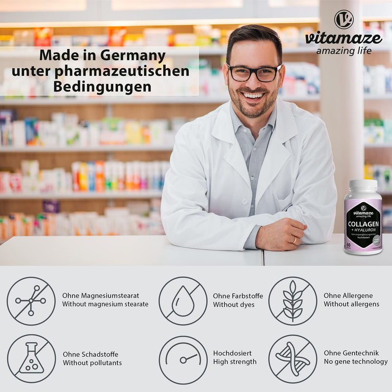 Collagen Capsules High Dose + Hyaluronic Acid + Chondroitin + Lysine, 600 Mg Pure Collagen Hydrolysate Per Day, 60 Capsules For 1 Month, Bioactive & No Additives, Made In Germany - NewNest Australia