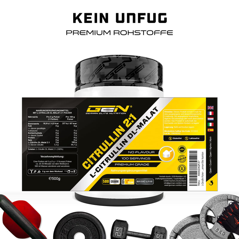 L-Citrulline Powder - 500 G - L-Citrulline Dl Malate 2:1 - Optimal Solubility - Vegan - Laboratory Tested & No Additives - Made From Vegetable Fermentation - Premium Citruline Malate Amino Acid - NewNest Australia