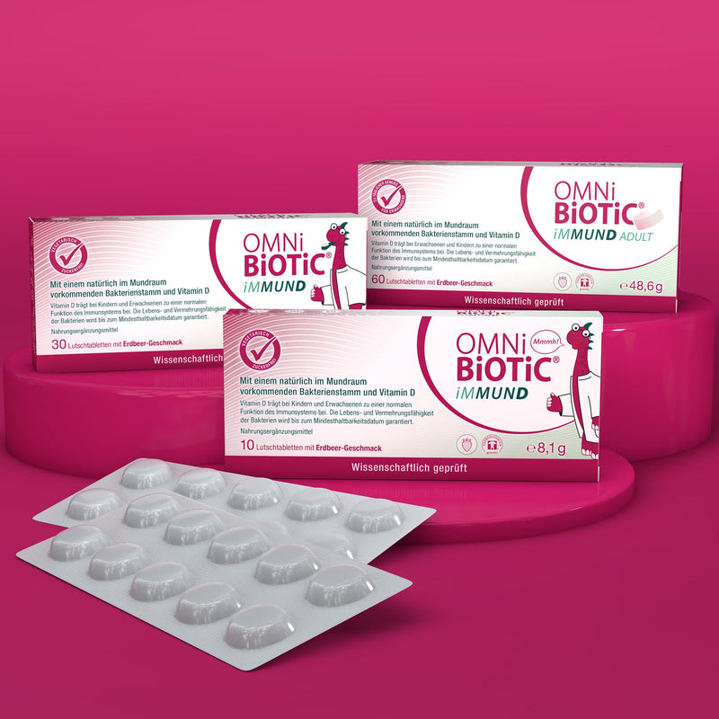 Omni Biotic Immund | 10 Lozenges | 1 Bacterial Strain | 1 Billion Germs Per Lozenge | With Vitamin D | Vegetarian | Sugar Free | For Daily Use | Also For Children | Strawberry Flavor 1 Piece (Pack Of 10) - NewNest Australia