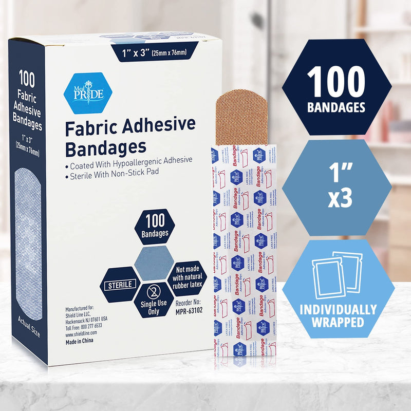 Medpride Sterile Fabric Adhesive Bandages [100 Count]- First Aid Bandages Coated with Hypoallergenic Adhesive & Non-Stick Pad- Latex-Rubber Free Wound Care Bandages- Individual Wrapped- 1”x 3'' 1'' x 3'' - 100 Count - NewNest Australia