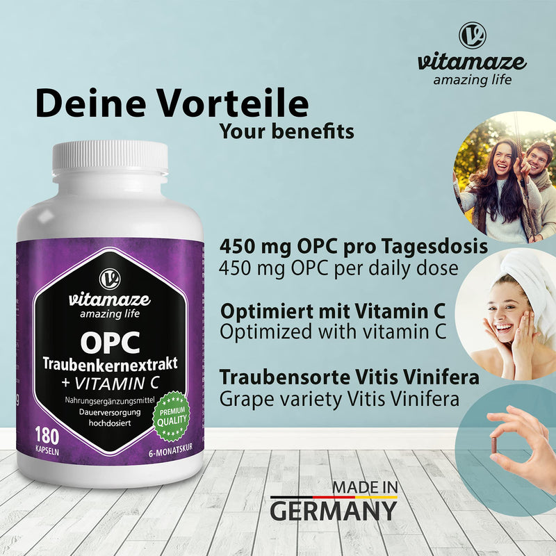 OPC Grape Seed Extract Capsules + Vitamin C, High Strength: 450 mg Certified OPC + 100 mg Vitamin C, 180 Capsules for 6 Months, Natural Supplement Without Additives, Made in Germany 1 Dose - NewNest Australia