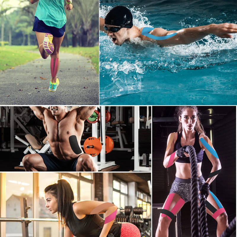 Gotaqery Kinesiology Tape (4 Rolls Pack), Waterproof Elastic Muscle Support Tape for Exercise, Sports & Injury Recovery, Breathable & Latex Free, 5cm x 5m Per Roll 4 Rolls：black+blue+pink+beige - NewNest Australia