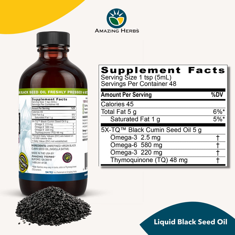 Amazing Herbs Premium Black Seed Oil - Cold Pressed Nigella Sativa Aids in Digestive Health, Immune Support, Brain Function, Joint Mobility, Gluten Free, Non GMO - 8 Fl Oz 8 Fl Oz (Pack of 1) - NewNest Australia