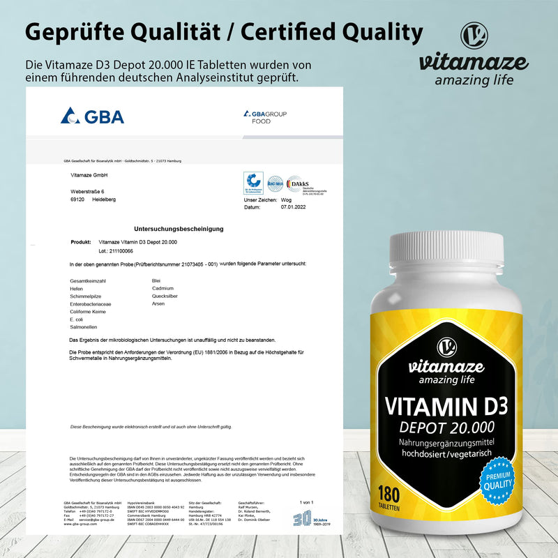 High-dose vitamin D3 20,000 IU per tablet (20-day dose), 180 vegetarian tablets (divisible), natural dietary supplement without additives, Made in Germany - NewNest Australia