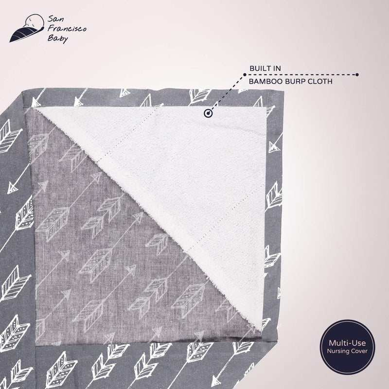 Cotton Nursing Cover - Large Breastfeeding Cover with Built-in Burp Cloth & Pocket - Soft, Breathable, Chemical-Free, 360° Coverage, Gray Nursing Cover for Breastfeeding by San Francisco Baby Luxury Gray - NewNest Australia