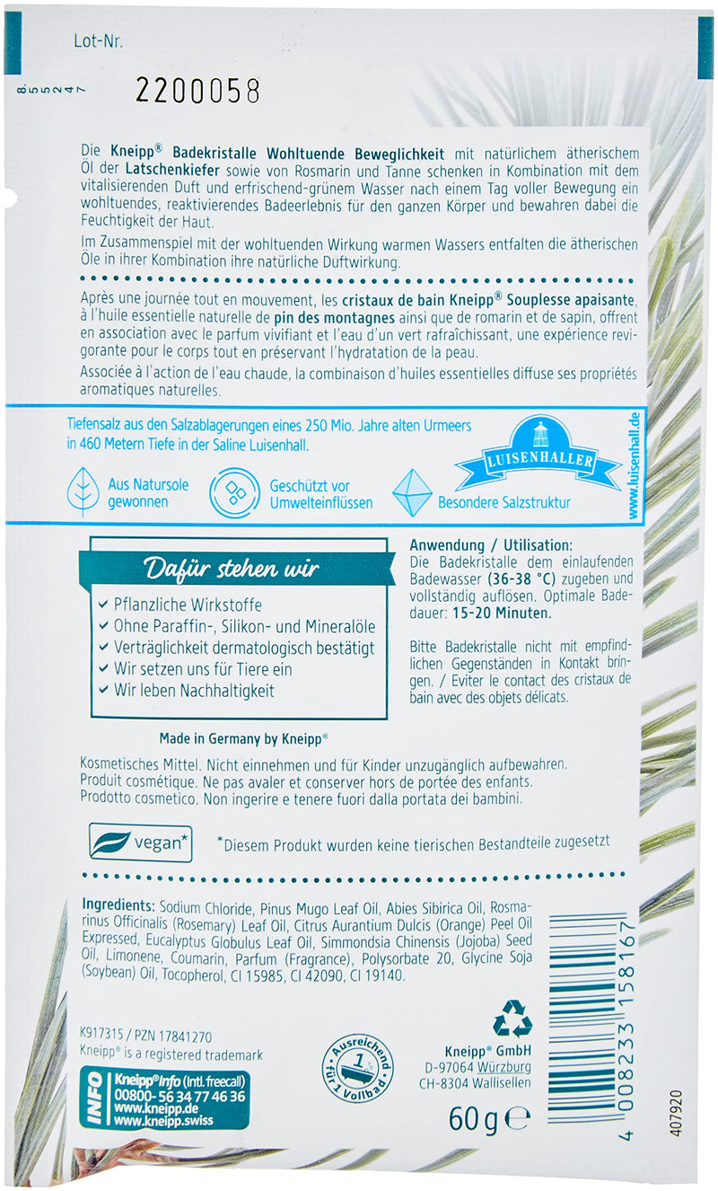 Kneipp Bath Crystals Soothing Agility – Bath Salt – Natural Salt of Saline Luisenhall & Pure Essential Oils of The Luisenhall Pine, Rasmarine & Fir – Without Microplastic – 60 g - NewNest Australia