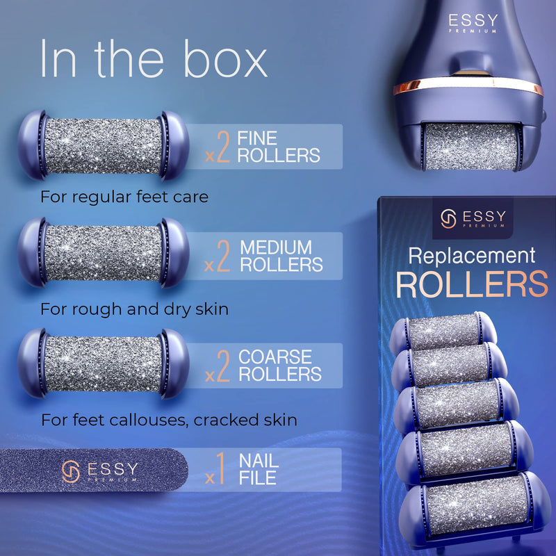 Essy Electric Foot File Pedicure Feet Hard Skin Remover Foot Scraper Dry Dead Skin Remover Callus Exfoliator Rechargeable Feet Scrubber with 5 Replacement Rollers Foot Care Skin Removers - NewNest Australia