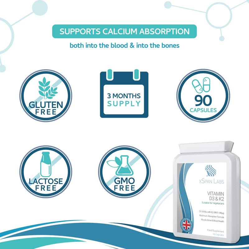 Vitamin D 3,000 IU & Vitamin K2 100ug MK7 Vegetarian Capsules - 90-Day Supply of Vitamin D3 Supplement Source of Cholecalciferol – Exclusively Manufactured in The UK for Maximum Absorption - NewNest Australia