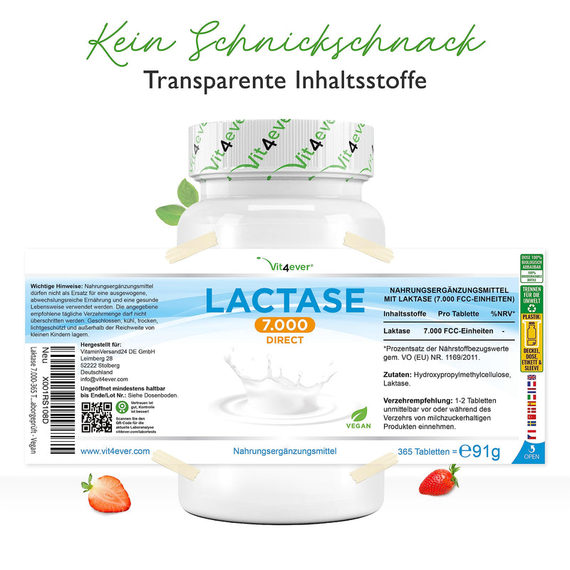 Lactase 7,000-365 Tablets With Immediate Effect - High Dose With 7,000 Fcc Units - For Lactose Intolerance + Milk Intolerance - No Unwanted Additives - Laboratory Tested - Vegan - NewNest Australia