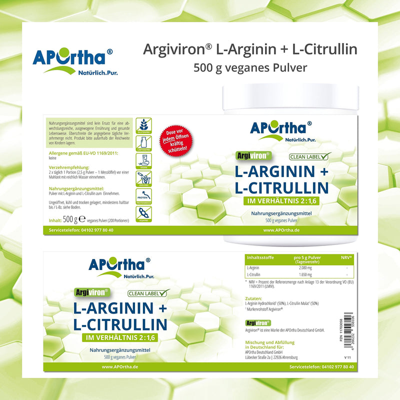 APOrtha L-Arginine & L-Citrulline vegan powder I Ratio L-Arginine to L-Citrulline 2: 1.6 I Dietary supplement purely plant-based without additives I Premium quality I 500 g powder - NewNest Australia