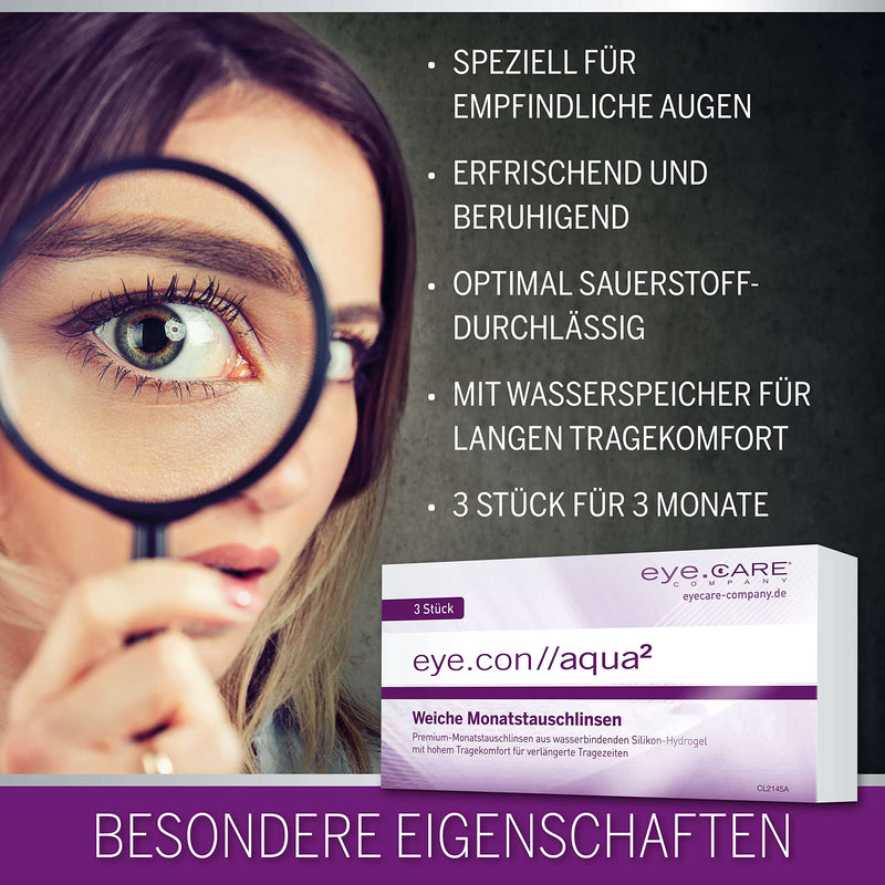 Eye.Con Aqua soft monthly lenses - with UV protection - box of 3 silicone hydrogel contact lenses with strength for sensitive eyes. Contact lenses with 55% water content BC 8.4mm, DIA 14.2mm, -2.00D -2.0 diopters 8.4 millimeters 14.20 millimeters 3.0 - NewNest Australia