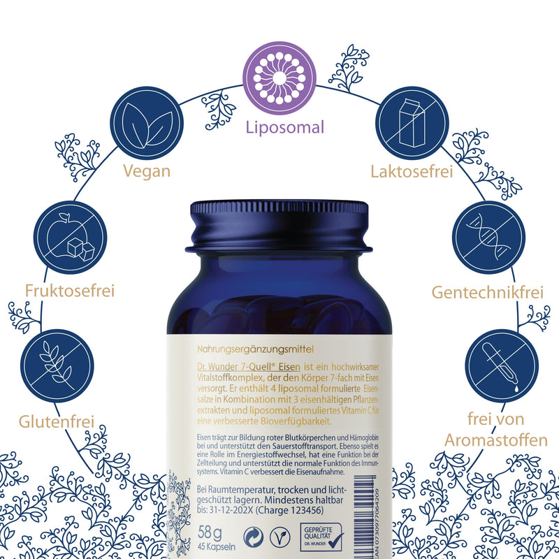 Dr. Wunder® liposomal iron 21mg: 45 vegan soft capsules | Stomach-friendly plant-based iron in real liposomal form | 21 mg elemental iron | contains curry leaf, aronia & Aspergillus oryzae - NewNest Australia