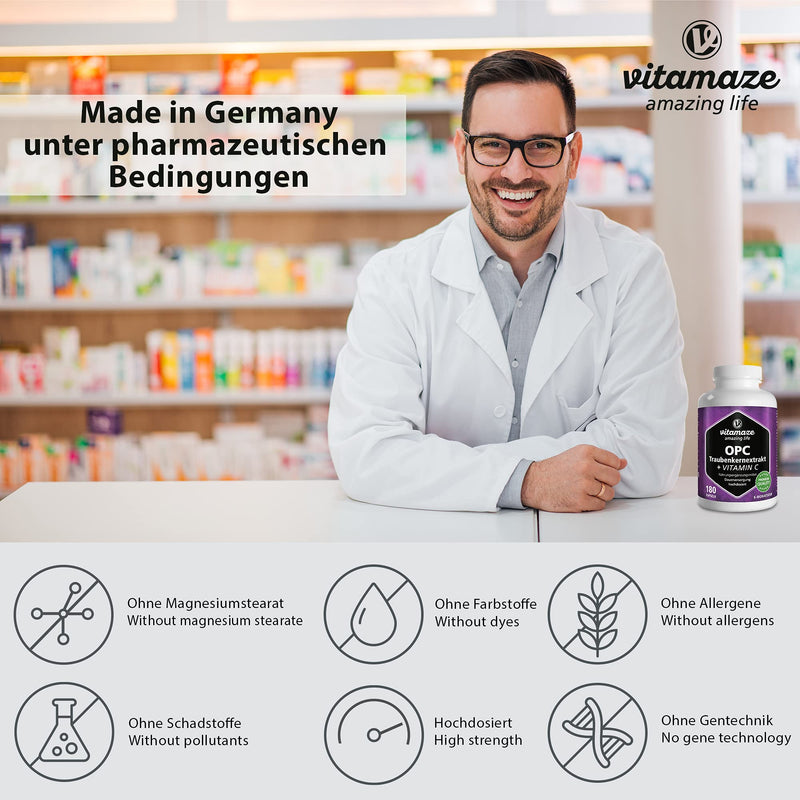 OPC Grape Seed Extract Capsules + Vitamin C, High Strength: 450 mg Certified OPC + 100 mg Vitamin C, 180 Capsules for 6 Months, Natural Supplement Without Additives, Made in Germany 1 Dose - NewNest Australia