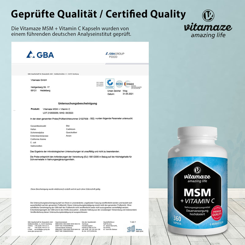 MSM capsules + vitamin C, high dose, 360 capsules for 6 months, 1,334 mg organic sulfur powder per day, 99.9% pure methylsulfonylmethane, nutritional supplement without additives, Made in Germany - NewNest Australia